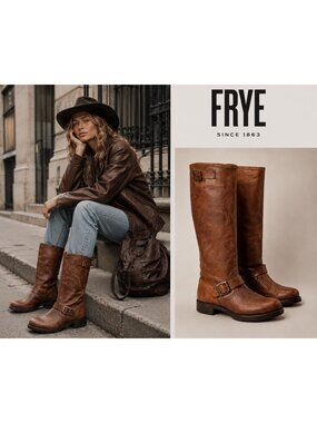 FRYE Brown Leather Tall Engineer Harness Moto Riding Boots Distressed Size 8.5